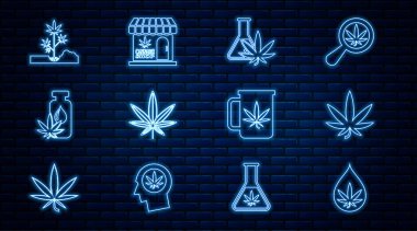 Set line Marijuana or cannabis leaf oil, Test tube with marijuana, Planting, Cup tea and and store icon. Vector