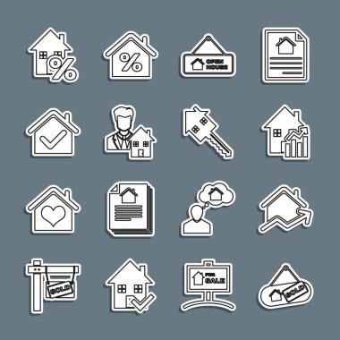 Set line Hanging sign with Sold, Rising cost of housing, Open house, Realtor, House check mark, percant and key icon. Vector
