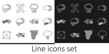 Set line Storm, Cloudy with snow, and rain, Wind, sun,  and  icon. Vector