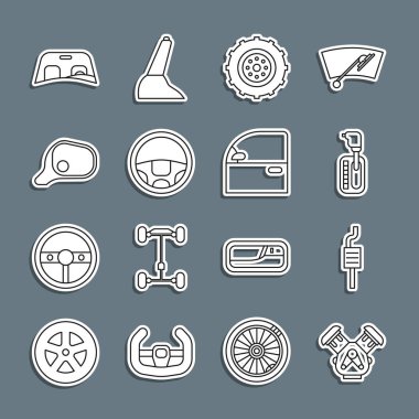 Set line Car engine, muffler, Gear shifter, wheel, Steering, mirror, windscreen and door icon. Vector