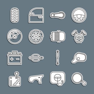 Set line Car mirror, engine, door handle, brake disk with caliper, Speedometer, tire and Electric icon. Vector