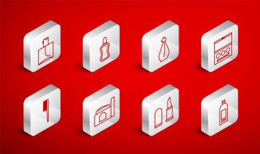 Set line Bottle of shampoo, Nail polish bottle, Perfume, Eye shadow palette, Lipstick, Cream cosmetic tube and Hairbrush icon. Vector