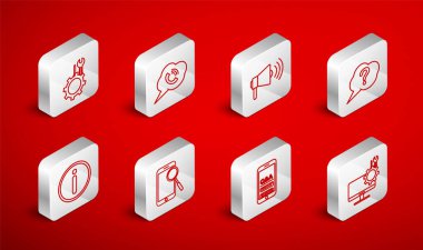 Set line Computer monitor service, Speech bubble with phone call, Megaphone, Question, Mobile and Exclamation, Wrench screwdriver in gear, diagnostics and Information icon. Vector