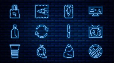 Set line No trash, Stop plastic pollution, ocean, Refresh, Bottle of liquid soap, Shopping bag with recycle, Disposable knife and  icon. Vector