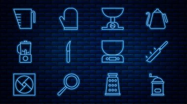 Set line Manual coffee grinder, Frying pan, Electronic scales, Knife, Blender, Measuring cup,  and Oven glove icon. Vector