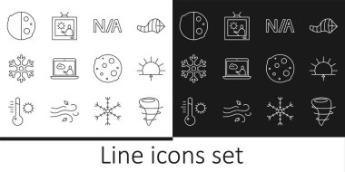 Set line Tornado, Sunrise, Not applicable, Weather forecast, Snowflake, Eclipse of sun, Moon and  icon. Vector