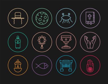 Set line Jainism or Jain Dharma, Hands praying position, Pastafarianism, Rosary beads religion, Monk, Orthodox jewish hat with sidelocks, Christian chalice and Moon icon. Vector