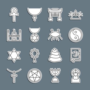 Set line Jesus Christ, Holy book of Koran, Yin Yang, Japan Gate, Star David necklace on chain, Muslim Mosque, Cross ankh and Pastafarianism icon. Vector