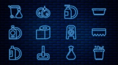 Set line Bucket with soap suds, Sponge bubbles, Dishwashing liquid bottle and plate, Toilet paper roll, Trash can garbage bag, Wet floor cleaning progress and Washing dishes icon. Vector