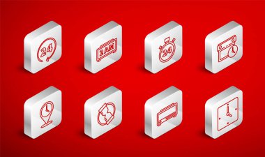 Set line Clock, Digital alarm clock, Stopwatch 24 hours, Calendar and, Old hourglass and Location with icon. Vector