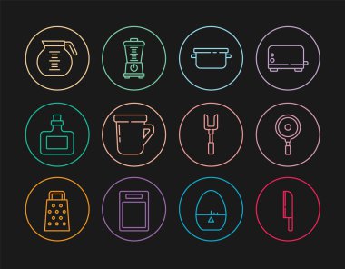 Set line Knife, Frying pan, Cooking pot, Coffee cup, Sauce bottle, Barbecue fork and Blender icon. Vector
