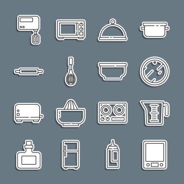 Set line Electronic scales, Measuring cup, Cutting board, Covered with tray, Kitchen whisk, Rolling pin, Electric mixer and Bowl icon. Vector