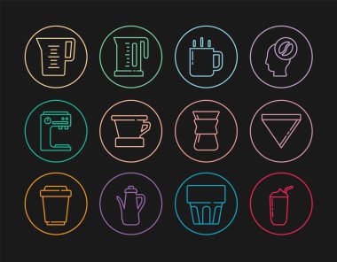 Set line Milkshake, Coffee paper filter, cup, V60 coffee maker, machine, Jug glass with water, Pour over and Electric kettle icon. Vector
