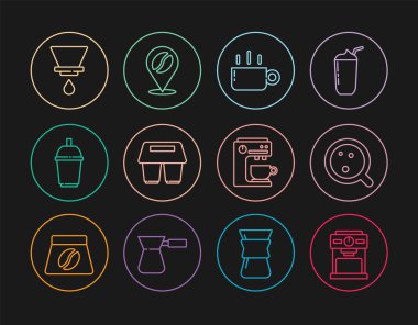 Set line Coffee machine, cup, to go, V60 coffee maker,  and Location with bean icon. Vector