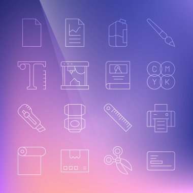 Set line Business card, Printer, CMYK color mixing, ink bottle, 3D printer, Text, Empty document and Photo album gallery icon. Vector