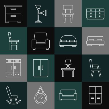 Set line Wardrobe, Armchair, Big bed, Chair, Furniture nightstand and  icon. Vector