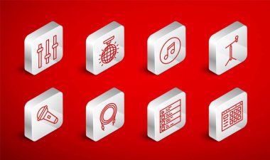 Set line Drum machine, Disco ball, Music note, tone, Microphone with stand, playlist, equalizer, Audio jack and  icon. Vector