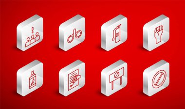 Set line Ban, Handcuffs, Fire extinguisher, Raised hand with clenched fist, Protest, Crowd protest, Petition and Pepper spray icon. Vector