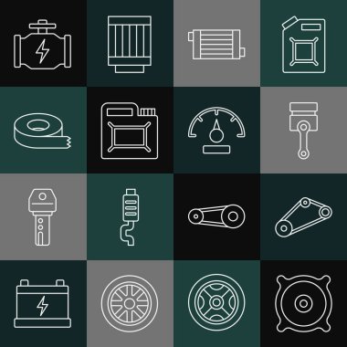Set line Car audio speaker, Timing belt kit, Engine piston, radiator cooling system, Canister for motor oil, Scotch tape, Check engine and Speedometer icon. Vector