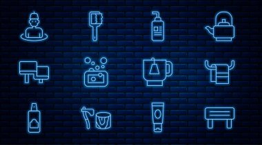 Set line Sauna wood bench, Towel on hanger, Cream or lotion cosmetic tube, Bar of soap, Man in the sauna, Cup tea with tea bag and brush icon. Vector