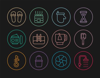 Set line Shower, Sauna brush, mittens, Swimming pool with ladder, Cream or lotion cosmetic tube, Flip flops, Cup of tea tea bag and Hot sauna stones icon. Vector