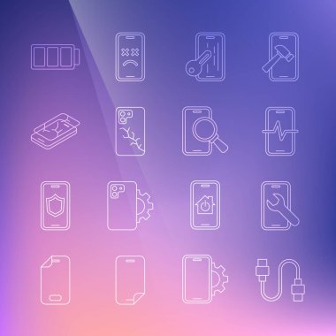 Set line USB cable cord, Mobile service, Phone repair, Glass screen protector, with broken, Battery and  icon. Vector