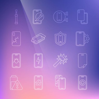 Set line Phone repair service, Glass screen protector, Mobile with broken, Screwdriver and shield icon. Vector