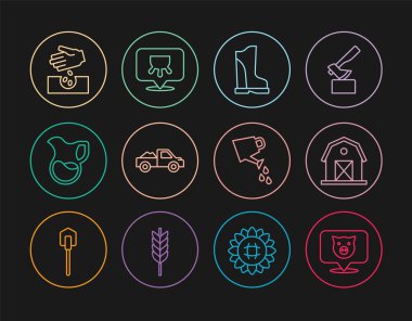 Set line Pig, Farm house, Waterproof rubber boot, Pickup truck, Jug glass with milk, Seeds, Watering can and Udder icon. Vector