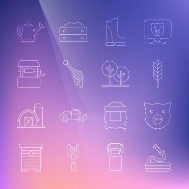 Set line Garden hose, Pig, Wheat, Waterproof rubber boot, Honey dipper stick, Well, Watering can and Tree icon. Vector