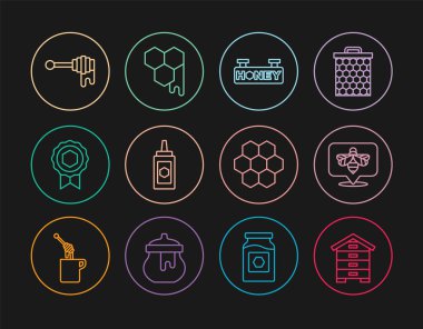 Set line Hive for bees, Bee, Hanging sign with honeycomb, Jar of, Honey medal, dipper stick, Honeycomb and  icon. Vector