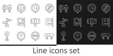 Set line Road traffic sign, Parking, Turn back road, Fire exit and  icon. Vector