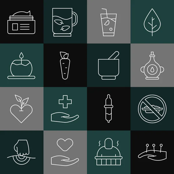 Set line Acupuncture therapy, Food no diet, Oil bottle, Fresh smoothie, Carrot, Aroma candle, Ointment cream tube and Mortar pestle icon. Vector