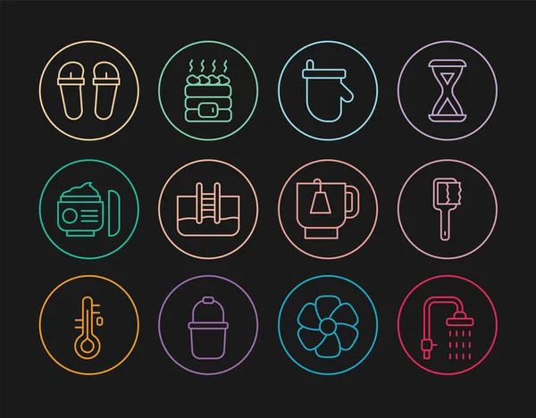 Set line Shower, Sauna brush, mittens, Swimming pool with ladder, Cream or lotion cosmetic tube, Flip flops, Cup of tea tea bag and Hot sauna stones icon. Vector