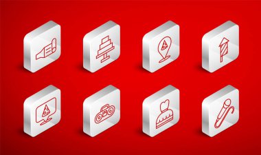 Set line Microphone, Cake, Slice of pizza, Firework rocket, Woman dress, Birthday party horn, Home stereo with two speakers and  icon. Vector