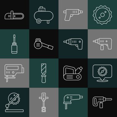 Set line Electric drill machine, Circular saw blade, cordless screwdriver, Leaf garden blower, Screwdriver, Chainsaw and  icon. Vector