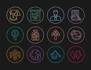Set line Broken piggy bank, Dollar rate decrease, Worker, Glass money jar with coin, Drop crude oil price, Gold bars and Pie chart infographic icon. Vector