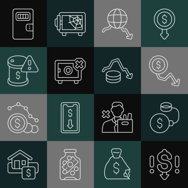 Set line Dollar rate decrease, Debt ball chained to coin, Global economic crisis, Safe, Drop crude oil price, Prison cell door and  icon. Vector