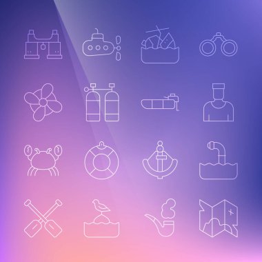 Set line Pirate treasure map, Periscope, Sailor captain, Sinking cruise ship, Aqualung, Boat propeller, Binoculars and Inflatable boat with motor icon. Vector