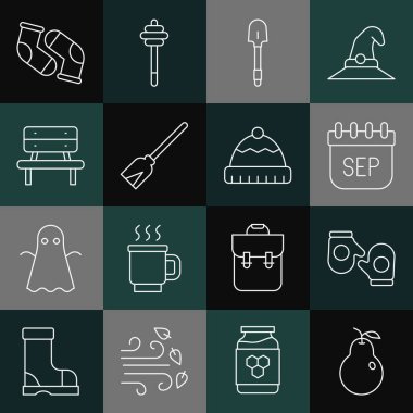 Set line Pear, Christmas mitten, September calendar autumn, Shovel, Handle broom, Bench, Socks and Winter hat icon. Vector