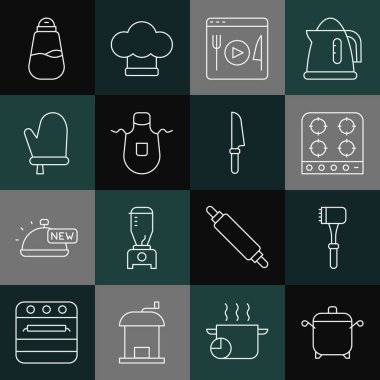 Set line Cooking pot, Kitchen hammer, Gas stove, live streaming, apron, Oven glove, Salt and Knife icon. Vector