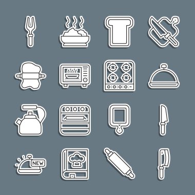 Set line Meat chopper, Knife, Covered with tray of food, Bread toast, Microwave oven, Rolling pin on dough, Barbecue fork and Gas stove icon. Vector