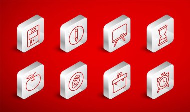 Set line Alarm clock, Pencil, Chalkboard, Old hourglass, Briefcase, Exam sheet with plus grade, Ear listen sound signal and Apple icon. Vector