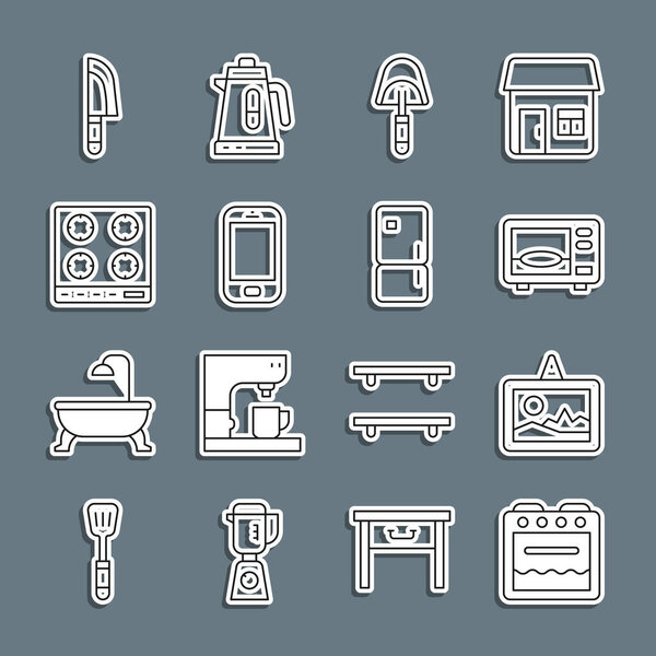 Set line Oven, Picture, Microwave oven, Spatula, Mobile phone, Gas stove, Knife and Refrigerator icon. Vector