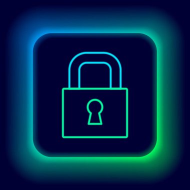 Parlayan neon çizgi simgesi siyah arkaplanda izole edildi. Asma kilit işareti. Güvenlik, güvenlik, koruma, gizlilik kavramı. Renkli taslak konsepti. Vektör