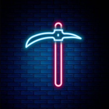 Parlayan neon çizgisi Kazma simgesi tuğla duvar arka planında izole edildi. Renkli taslak konsepti. Vektör