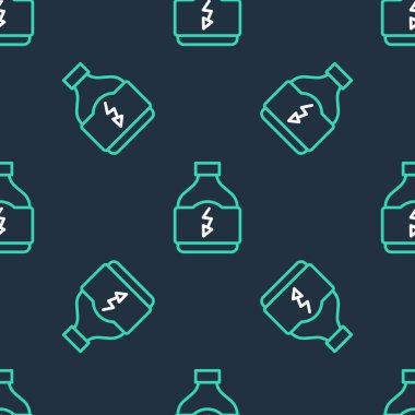 Line Sports 'un vücut geliştirme protein enerji içeceği ve yiyecek ikonu siyah arka planda izole edilmiş pürüzsüz desen. Vektör