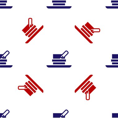 Blue and red Hunter hat with feather icon isolated seamless pattern on white background. Plaid winter hat.  Vector.