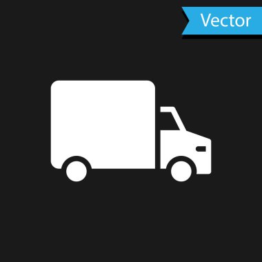 Beyaz kargo kamyonu ikonu siyah arka planda izole edildi. Vektör.