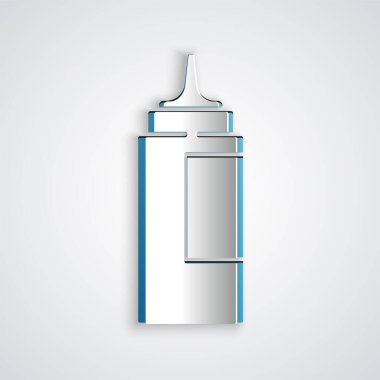 Kağıt kesiği sos şişesi simgesi gri arka planda izole edilmiş. Ketçap, hardal ve fast food için soslu mayonez şişeleri. Kağıt sanatı tarzı. Vektör.