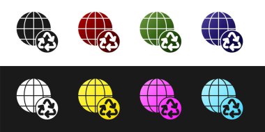 Set Planet earth and a recycling icon isolated on black and white background. Environmental concept.  Vector.